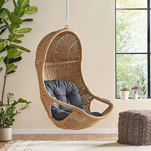 Christopher Knight Home Mariaz Hanging Basket Chair with Cushion, Outdoor Indoor Basket Chair, Boho Garden Rattan Lounger Porch Swing Furniture, Modern Patio Decor, Brown+Gray