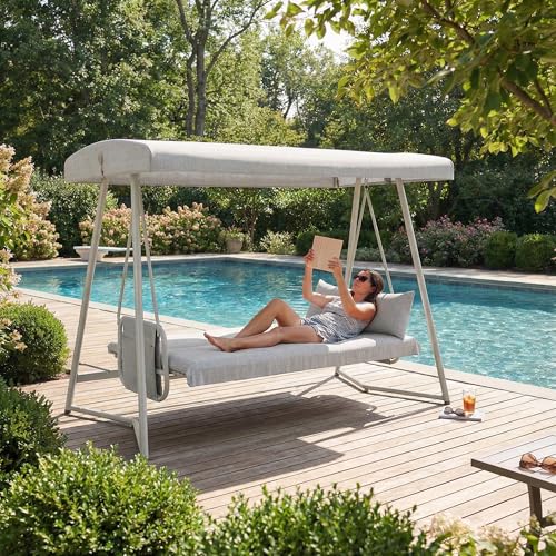 KEIKI 3-Seat Patio Swing with Canopy, Convertible Outdoor Porch Swing Chair with Thick Cushions, 3-in-1 Heavy-Duty Steel Frame Swing Bench for Patio Garden Backyard, Champagne White