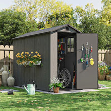 Patiowell 4x8 FT Plastic Outdoor Storage Shed with Floor, Garden Tool Shed with Two Windows and Single Lockable Door for Garden, Backyard, Lawn, Easy to Install, Dark Gray