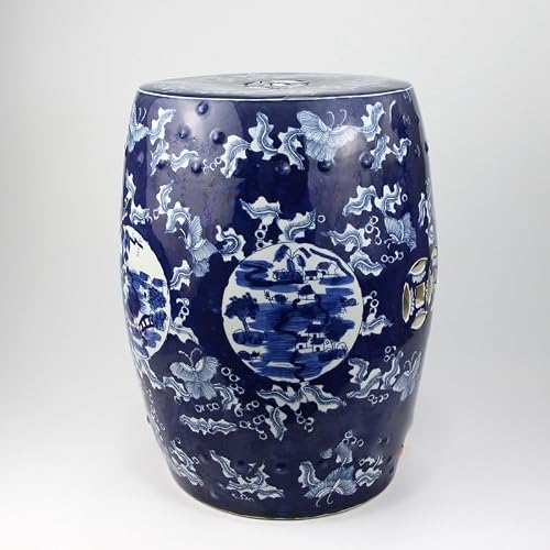 LINKIO Garden Stool Ceramic Garden Stool, Hand-Painted Blue and White Lotus Design, Decorative Porcelain Drum Stool Ottomans(RZMV04)