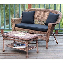 Jeco Wicker Patio Love Seat and Coffee Table Set with Black Cushion Honey