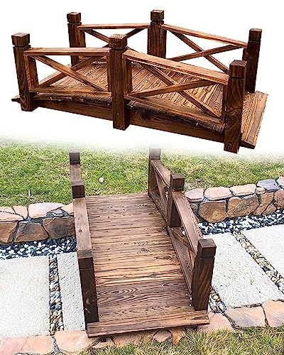 ZIMGOD Classic Garden Pond Bridge Heavy Duty, Wood Arch Landscape Bridge for Walkway Path Small Stream, Carbonized Garden Walking Bridge Decorative