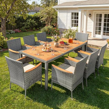 Devoko 9 PCS Acacia Wood Patio Dining Set, Gray Rattan