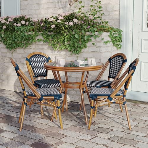 Flash Furniture Bordeaux Indoor/Outdoor Bistro Set - Tempered Glass Top Table with 4 Chairs - Navy & White Rattan/Natural Frame