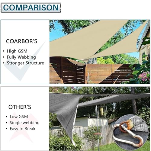 COARBOR Sun Shade Sail 48'x48' Heavy Duty Canopy with Steel Cable Reinforcement Beige