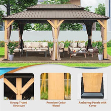 LOPOO Hardtop Gazebo Outdoor Cedar Wood Frame Canopy with Curtain & Netting Brown