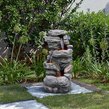 HIONJIN Outdoor Cascading Bowls and Stacked Stones LED Outdoor Water Fountain for Outdoor Living Spaces