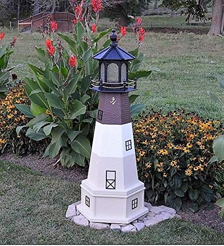 Backyard Crafts Amish-Made Oak Island, NC Replica Lighthouse with Base and Solar-Powered LED Lighting, 44" Tall