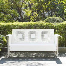 Pemberly Row Metal Gliding Patio Sofa, 65.75 in Wide, White Weatherproof Powder-Coated Finish, Smooth Rocking Mechanism, Retro Outdoor Couch for Porch, Balcony, or Patio Seating