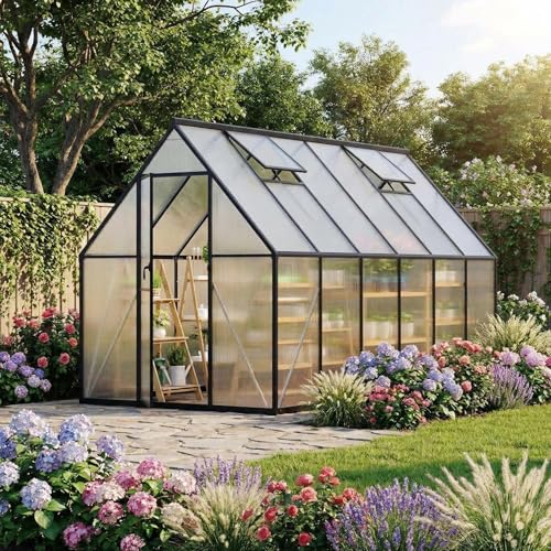Heavy Duty Aluminum-Framed Polycarbonate Greenhouse Kit - 6x11 FT Walk-in Outdoor Greenhouse with Double Swing Doors, Roof Vent, High Wind Resistance, Quick Setup - Black