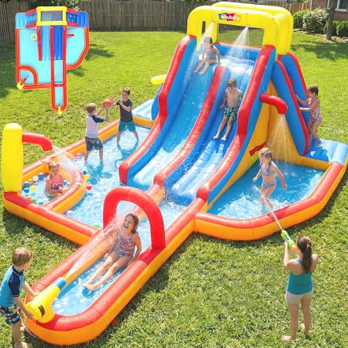 Whubefy 19.3ft Large Inflatable Water Slide Park for Kids Backyard, Big Splash Dual Lane Waterslide Bounce House with Extended Surfing Slide, 3 Pools, 2 Climbs & 15 Toys, Holds up to 8 Kids, No Blower