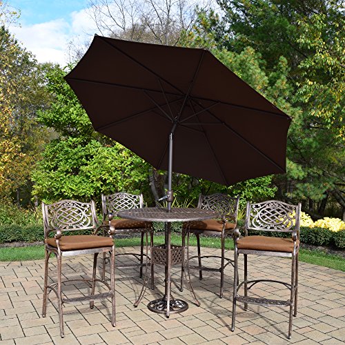 Oakland Living Elite Mississippi Bar Set with Table, Cushioned Stools, Umbrella & Stand Antique Bronze