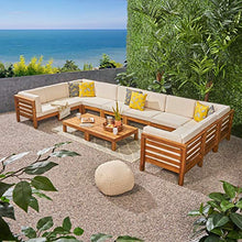 Great Deal Furniture GDFStudio Outdoor U-Shaped Sectional Sofa Set with Coffee Tables - 12-Piece 10-Seater - Acacia Wood - Outdoor Cushions - Teak and Beige
