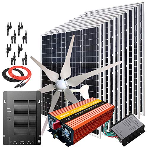 1600W Wind Solar Generator Kit with 2000W Inverter: 400W Wind Turbine(6 blades) + 10PCS 120W Mono Solar Panels + MPPT Charge Controller + Accessories (1600W kit with 2000W Inverter, for 24V System)