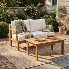 roomfitters 2 Piece Outdoor Patio Chat Set Wooden Loveseat Sofa and Coffee Table Furniture with Cushions, Beige+Natural