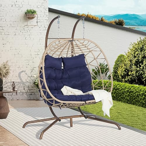 Double Egg Chair with Stand,2-Person Hanging Wicker Hammock Swing for Indoor Outdoor,UV Resistant&Removable Cushion,Loveseat for Patio Balcony Garden,600lbs Capacity(Dark Blue Cushion+Khaki Rattan)