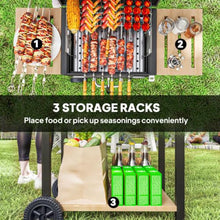 Charcoal Grill with Wheels, Outdoor BBQ Grill with Side Shelves & Thermometer, Barbecue Smoker with Bottom Storage Shelf, Adjustable Charcoal Pan, Patio Cooking Station for Camping Party