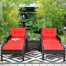 5 PCS Patio Rattan Furniture Set Sofa Ottoman Table Cushioned Yard Red