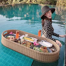 Rattan Woven Floating Food and Drink Holder with Handles, Swimming Pool Floating Tray Table, for Outdoor Summer Swimming Beach Pool Party,Apricot