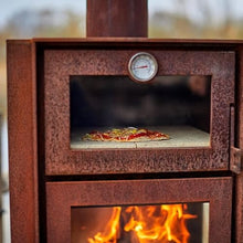 RB73 Quercus Wood Burning Outdoor Fireplace with Oven, 3-Sided Glass, 19”x19x119”, 6mm CorTen Steel, Heat-Resistant Glass, Industrial Design