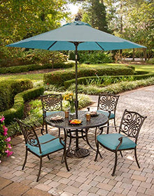 Hanover 5-Piece Traditions 48" Cast-Top Aluminum Patio Dining Set with Cushioned Chairs and Umbrella Stand Blue