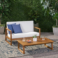 roomfitters Belgian Outdoor Loveseat and Coffee Table Set, Modern Patio Furniture, Durable Acacia Wood Frame, Teak