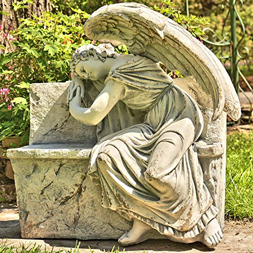 Zaer Ltd. Large Magnesium Angel Statues (Outdoor Safe) (35”T Napping On Bench Seraphina)