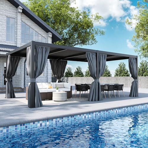COSIEST 12'X24' Aluminum Louvered Pergola,All-Weather Adjustable Roof with Mosquito-Proof & UV Protection Netting Curtains Large Pergolas for Patio, Deck, Backyard, Garden Outdoor Living Space (Black)