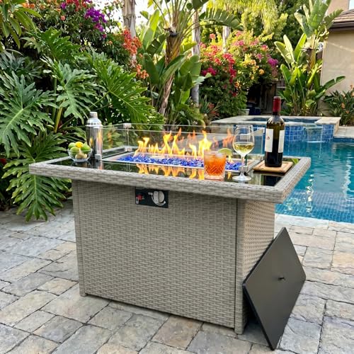 Propane Fire Pit Table, 44" Outdoor Gas Fire Pit with Glass Wind Guard & Waterproof Cover