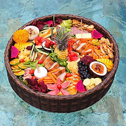 ERoomQ Luxury Floating Serving Tray Table Round,Pool Food Drink Tray,Versatile Floating Tray for Pools,Beach & Spa Hot Tub Accessories,Large Capacity (Brown 60X60X15CM)