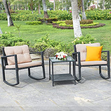 3 PC Patio Rattan Conversation Set Rocking Chair Cushioned Sofa Garden Furniture