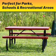 LAUCO Heavy Duty Rectangular Outdoor Picnic Table with Steel Frame, Thermoplastic Coating, Umbrella Hole, Built-in Benches, Seats 8, for Park, Patio, School (Red, 72 inch) 36033