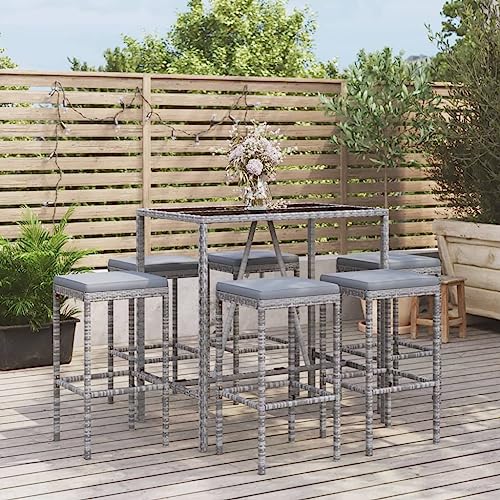WXGTBKPR 7 Piece Patio Bar Set with Cushions, Outdoor PE Rattan Bar Table and 6 Stools, Weather-Resistant Garden Pub Set with Tempered Glass Top, Grey