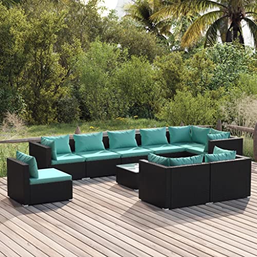 PUGYNBK 10-Piece Black and Blue Poly Rattan Garden Lounge Set with Modular Design and Weather-Resistant Cushions for Outdoor Patio Seating