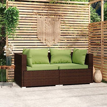 Todiikf Patio Loveseat with Cushions, Brown Poly Rattan 2-Seater Outdoor Sofa for Garden Backyard, Modular Wicker Sectional Couch with Steel Frame and Green Pillows, 55.1 Inch Length