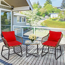 3PCS Patio Rattan Bistro Set Cushioned Chair Glass Table Deck Red Armchair Square Table