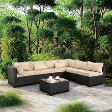 Valita 7 Pieces Outdoor Wicker Furniture Conversation Set Patio Sectional Sofa Set Glass Table with Non-Slip Cushions Furniture Cover, Khaki