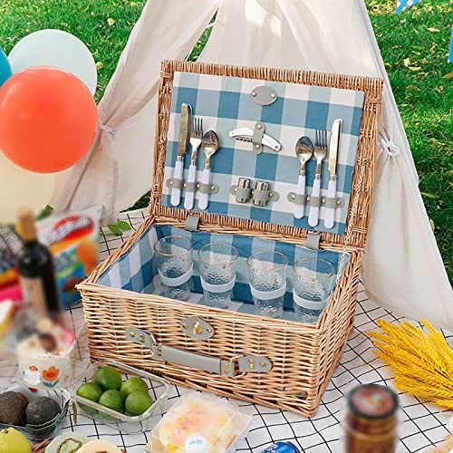 Storage Basket,Picnic Wicker Hamper for 2/4 Person Cutlery Set Insulated Flatware Outdoor Portable Woven with Lid Premium