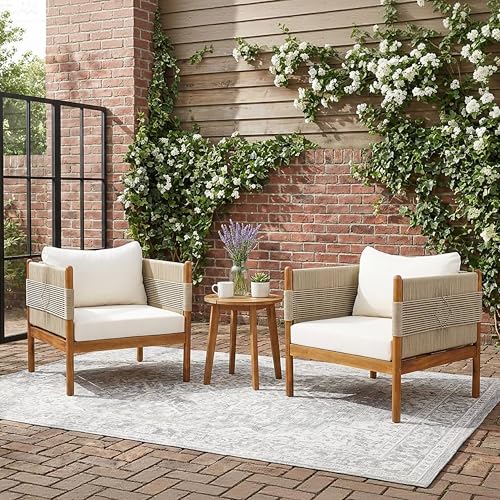 Christopher Knight Home Lenor Acacia Wood Lounge Chair Outdoor Set of 2 with Removable Cushion, Solid Wood Patio Accent Chair with Diamond Rope Weave, Patio Furniture Set Sofa Chair, Beige+Cream+Teak