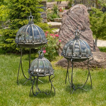 Set of 3 Glass Dome Terrariums with Iron Stands, Frosted Silver