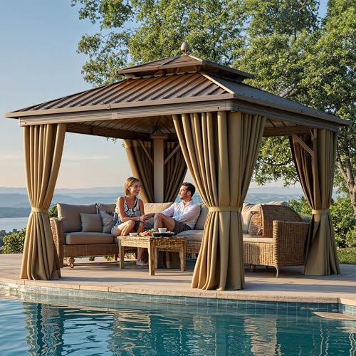 YITAHOME 10x10ft Hardtop Gazebo with Nettings and Curtains Aluminum Frame