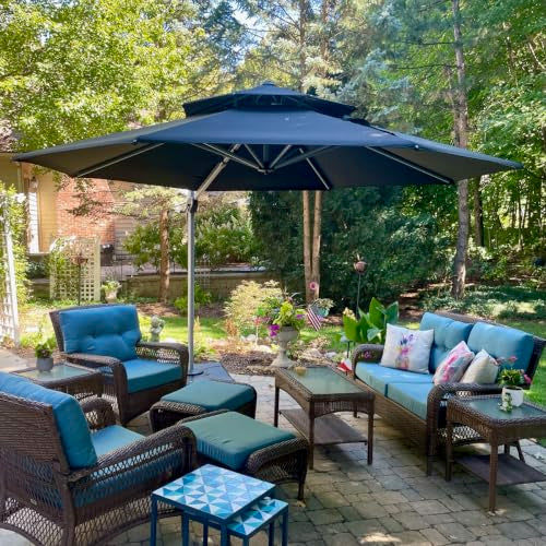 OROTLECT 11 Feet Outdoor Double Top Ronud Deluxe Lighted Cantilever Umbrella With Base,Navy