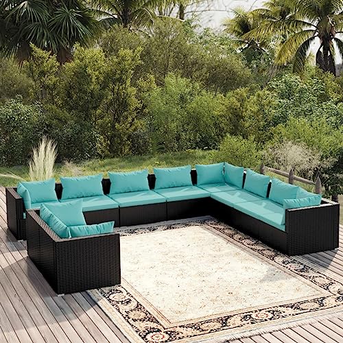 10 Piece Outdoor Patio Furniture Set with Cushions, Black PE Rattan Sectional Sofa Waterproof Garden Lounge Set for Backyard, Poolside, Includes 10 Seat & 15 Back Pillows, Easy Assembly