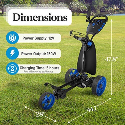 SereneLife 3-Wheel Electric Golf Push Cart - Rechargeable Lightweight Folding Walking Push Cart Roller Golf Bag Holder with Foot Brake, Upper/Lower Bracket with Elastic Strap, Umbrella Holder Assorted