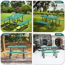 Heavy Duty Picnic Table with Umbrella Hole, Expanded Meta Outdoor Metal Patio Dining Table & Outdoor Bench Set, Steel Mesh Dining Furniture for Garden, Lawn, Patio (4FT Rectangular Table/ Green)