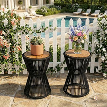 Merax 2 Pieces Round Outdoor Side Table Set, Bohemian Patio Side Tables with Acacia Wood Top and Black Handwoven Rope Base for Garden, Pool, Yard, Elegant Hourglass Design, No Assembly, 25.8" Height