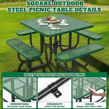 46" Square Top Outdoor Picnic Table Set for Up to 8 Persons, Outside Table Set with 4 Built-in Benches, Metal Commercial-Grade Dining Furniture with Umbrella Hole for Garden, Backyard, Porch, Green