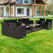 8 PCS Patio Rattan Furniture Set Glass Table Shelf Sofa Cushion Black