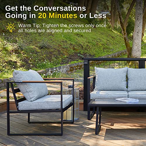 EAST OAK 4-Piece Courtyard Patio Furniture Set with Sofa and Tempered Glass Table, Black & Grey