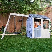KidKraft Savannah Swing Wooden Outdoor Playhouse with Web Swing and Play Kitchen White/Gray
